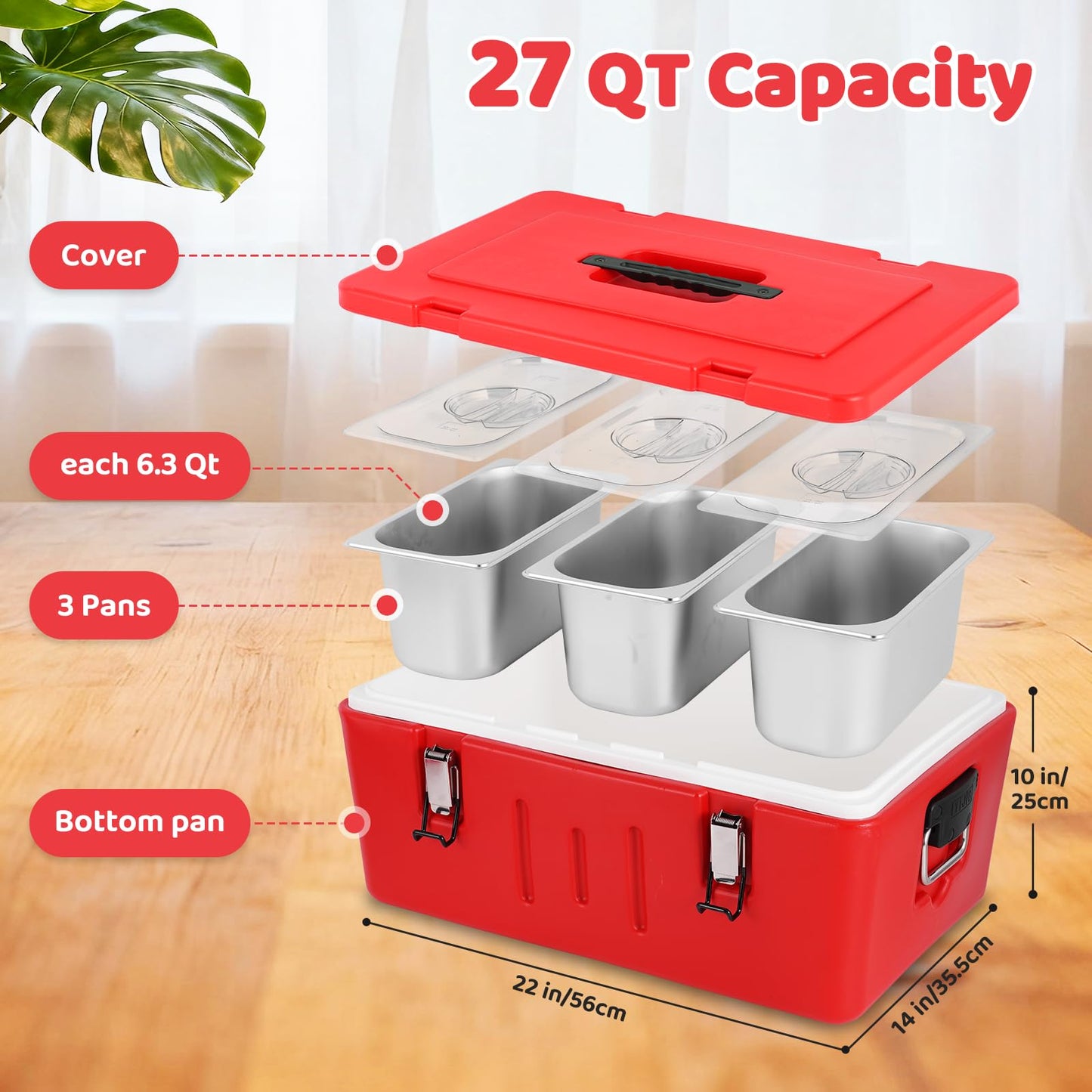 Tragaomx Insulated Food Pan Carrier Cold/Hot Food Buffet Server 27Qt Storage Box with Clear Lids Buckles Warmer Box for Catering Restaurant Buffet