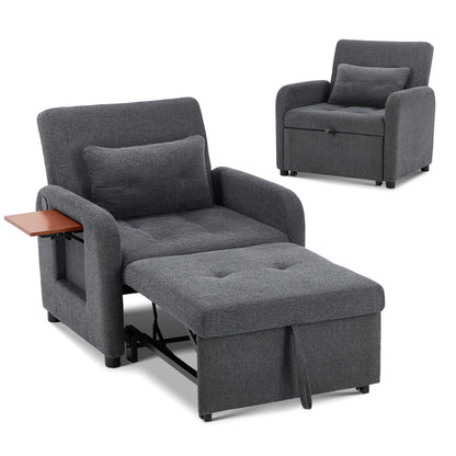 Convertible Sleeper Chair-Fabric Futon Sofa Bed, Single Sleeper Sofa, Small Couch Bed with USB Port, Foldable Table, Pillow, Adjustable Backrest for Dorm/Bedroom/College Darkgrey
