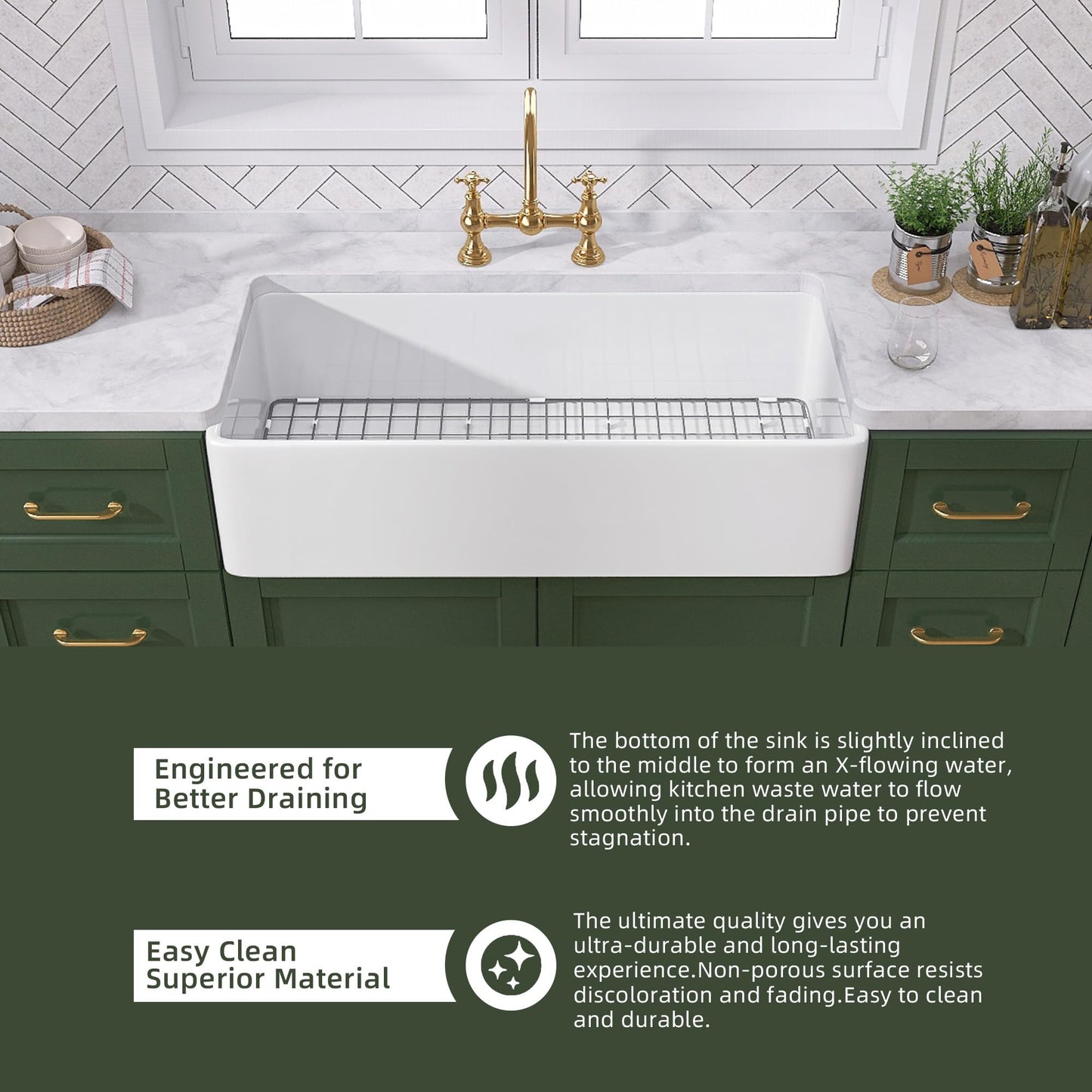 TUKTUK White Farmhouse Sink 30 inch Farm Sink Fireclay Apron Front Single Bowl Kitchen Sinks Deep Drop In Undermount Reversible Heavy Duty Easy-to-Clean Kitchen Basin with Luxury Modern Accessory Kit