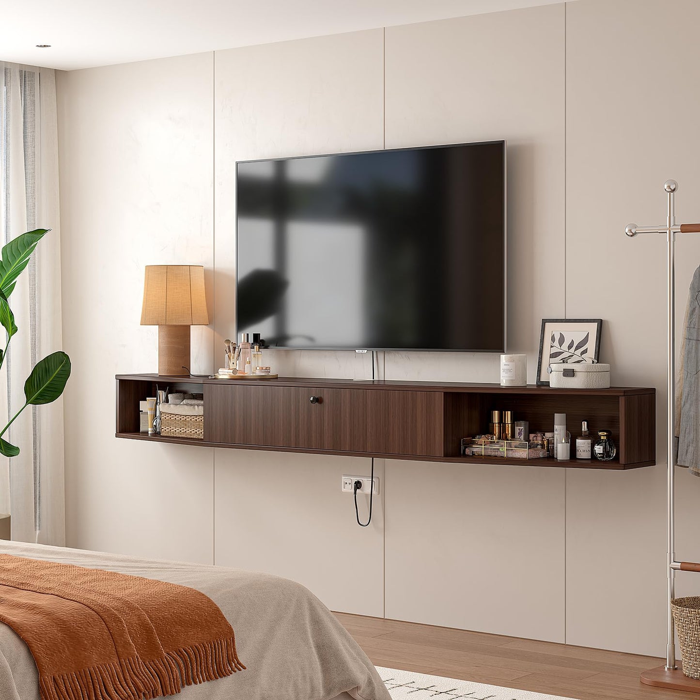FloatiCasa 78inch Floating TV Stand, Plywood Wall Mounted Media Console with 1 Flip Down Door & 5 Open Shelves, Modern Floating Entertainment Center with Wire Management for Living Room, Walnut