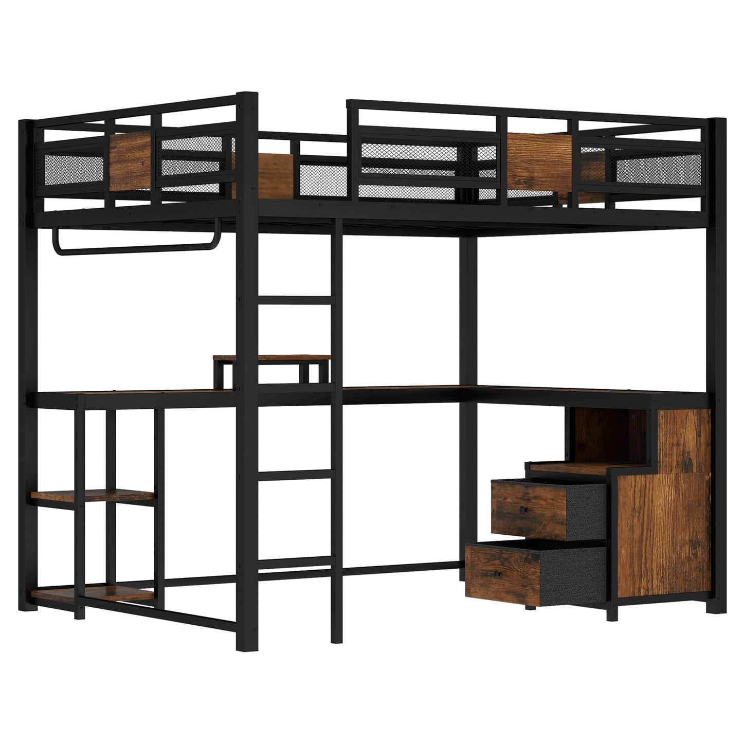 Bellemave Queen Loft Bed with Desk and Fabric Drawer, Metal Queen Loft Bed Frame with guardrail and Ladder for Adults, Kids, Teens, Black