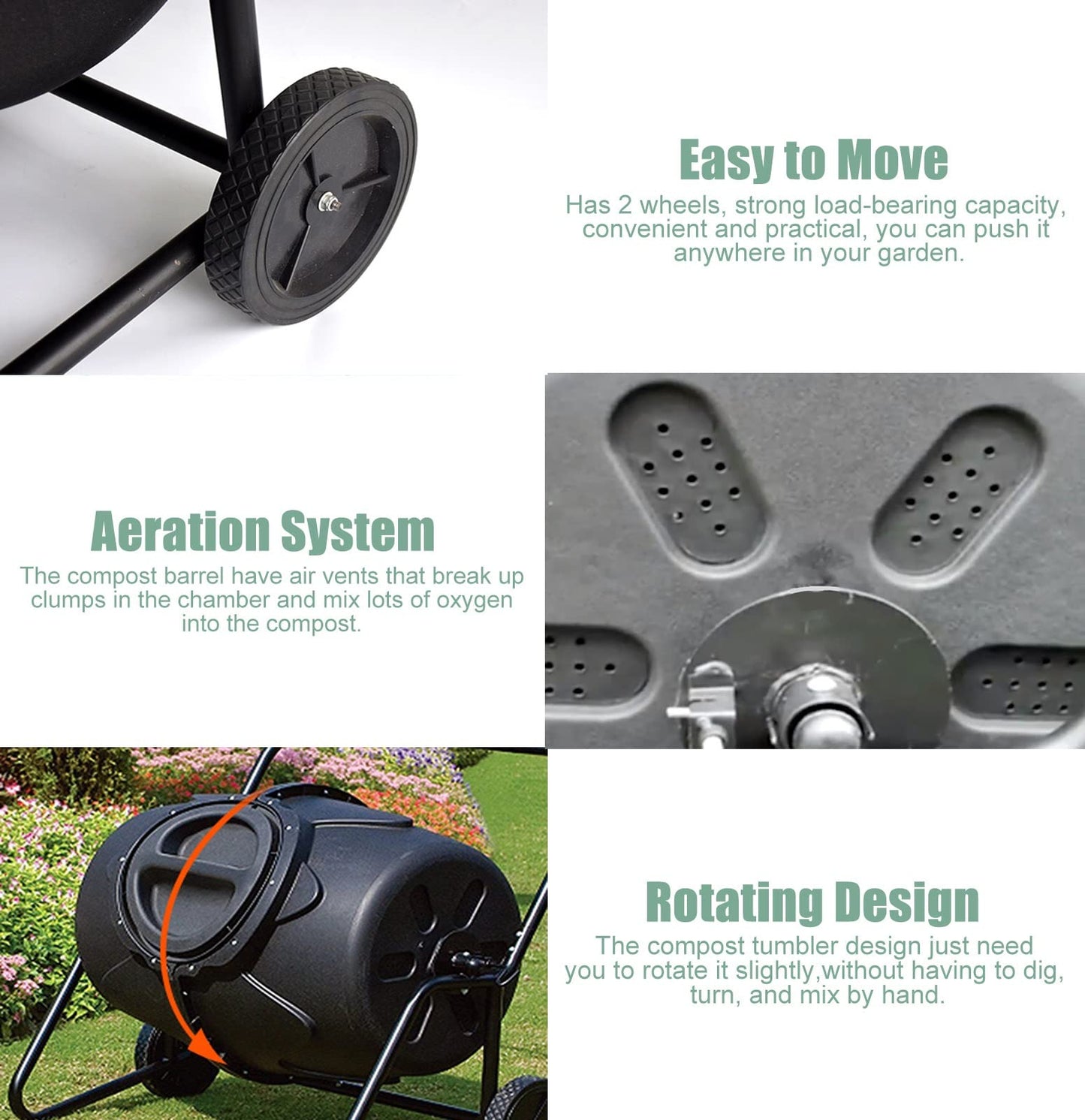 Compost Tumbler 170L - Large Outdoor Composter Bin with Wheels for Easy Movement, Perfect for Garden Yard Leaves and Kitchen Waste