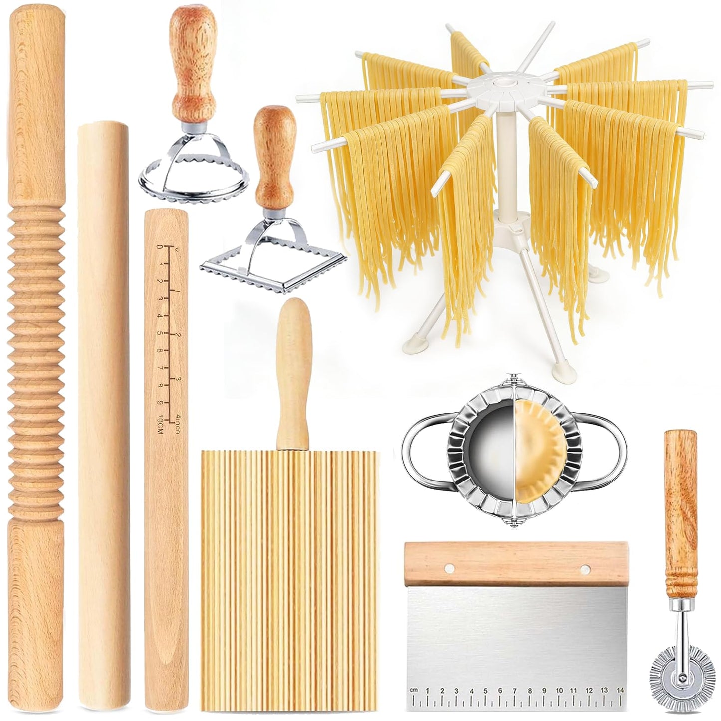 10pcs Pasta Making Tools, Wood Pasta Making Kit with Pasta Drying Rack,Rolling Pins,Gnocchi Board,Dough Cutter,Ravioli Cutter,Pasta Stamps,Making Dumplings .Pasta Making Accessories for Home