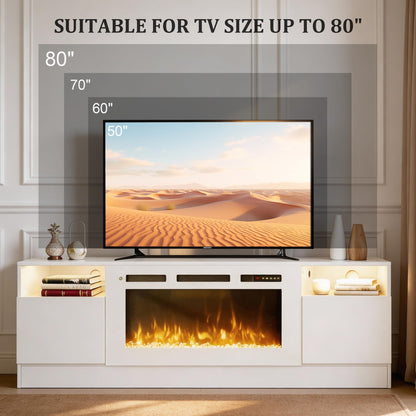 OneBlis 70" Fireplace TV Stand for TVs Up to 80",Entertainment Center with 36” Electric Fireplace and 12 Colors LED Lights,Large TV Console with Storage Cabinet for Living Room,All White