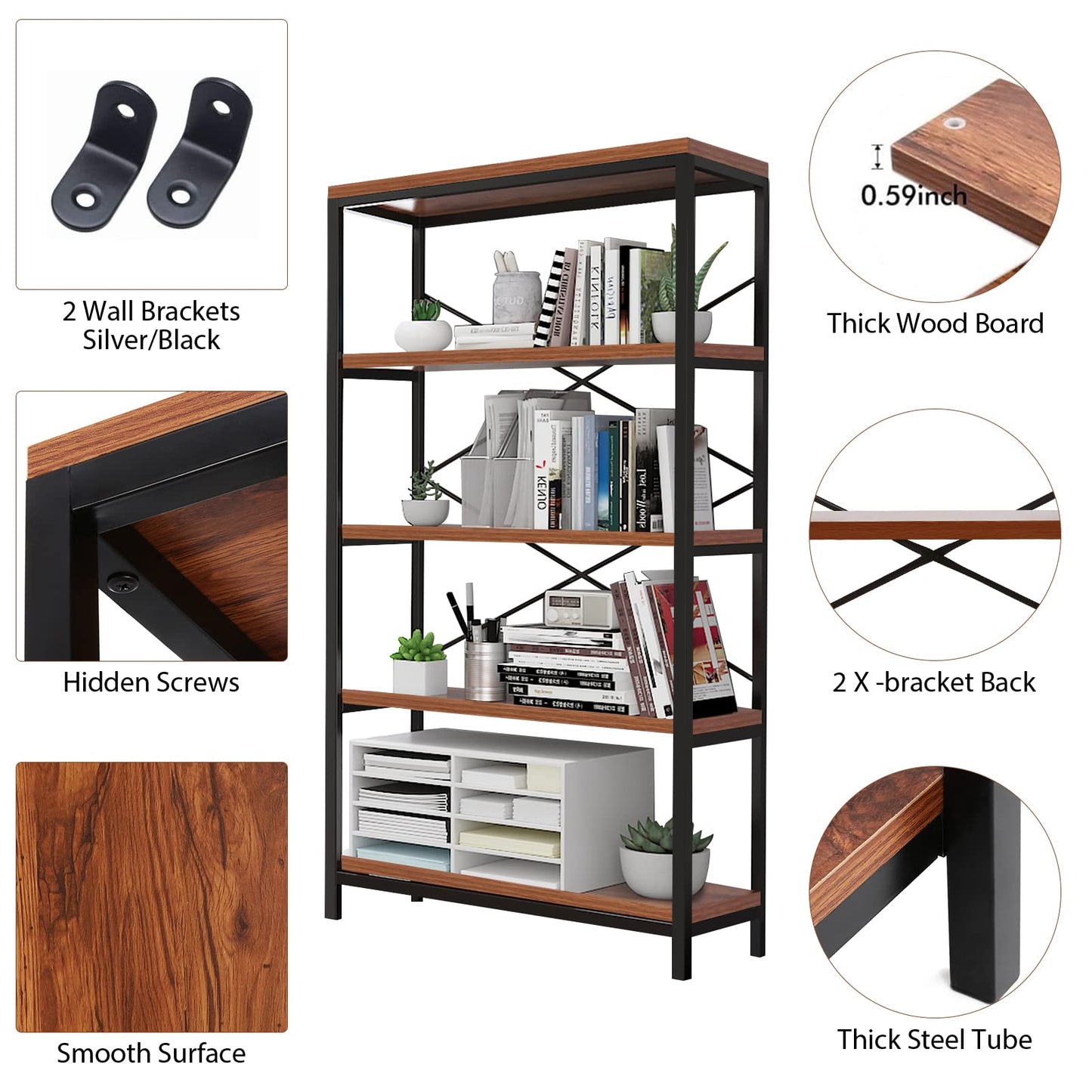 Himimi Industrial Bookshelf 5-Tier Set of 2, Bookcase 58" H Ladder Shelf, Storage Shelves Rack Shelf Unit, Accent Furniture Metal Frame, Home Office Furniture, Vintage Brown（2PCS）