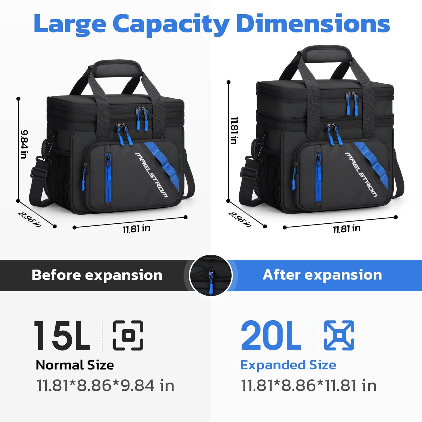 Maelstrom Lunch Box, 20L Insulated Lunch Bag for Men Women, Expandable Double Deck Leakproof Cooler Bag with 6 Pockets, Reusable Lunch Tote Bag for Work, Picnic, Travel, Black