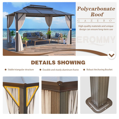 EROMMY 10' x 13' Gazebo Polycarbonate Double Roof Canopy Outdoor Aluminum Frame Pergola, Permanent Pavilion with Netting and Curtains for Garden Patio Lawns Parties