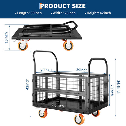 Platform Truck Cart with Cage, Multipurpose 6 in1 Foldable Flatbed Cart Heavy Duty Push Cart Dolly w/Swivel Wheels 1800Lbs Capacity Utility Hand Cart for Grocery, Laundry, Garage, Warehouse