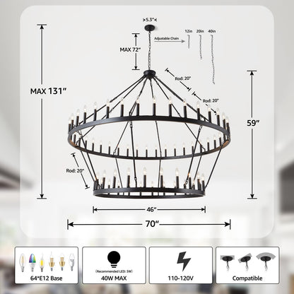VBKK Wagon Wheel Chandelier Farmhouse 2 Tier 64-Light 70-Inch, Black Industrial Chandelier Rustic Candle Pendant Light Fixture Extra Large for High Ceilings, Dining Room, Living Room, Foyer, E12