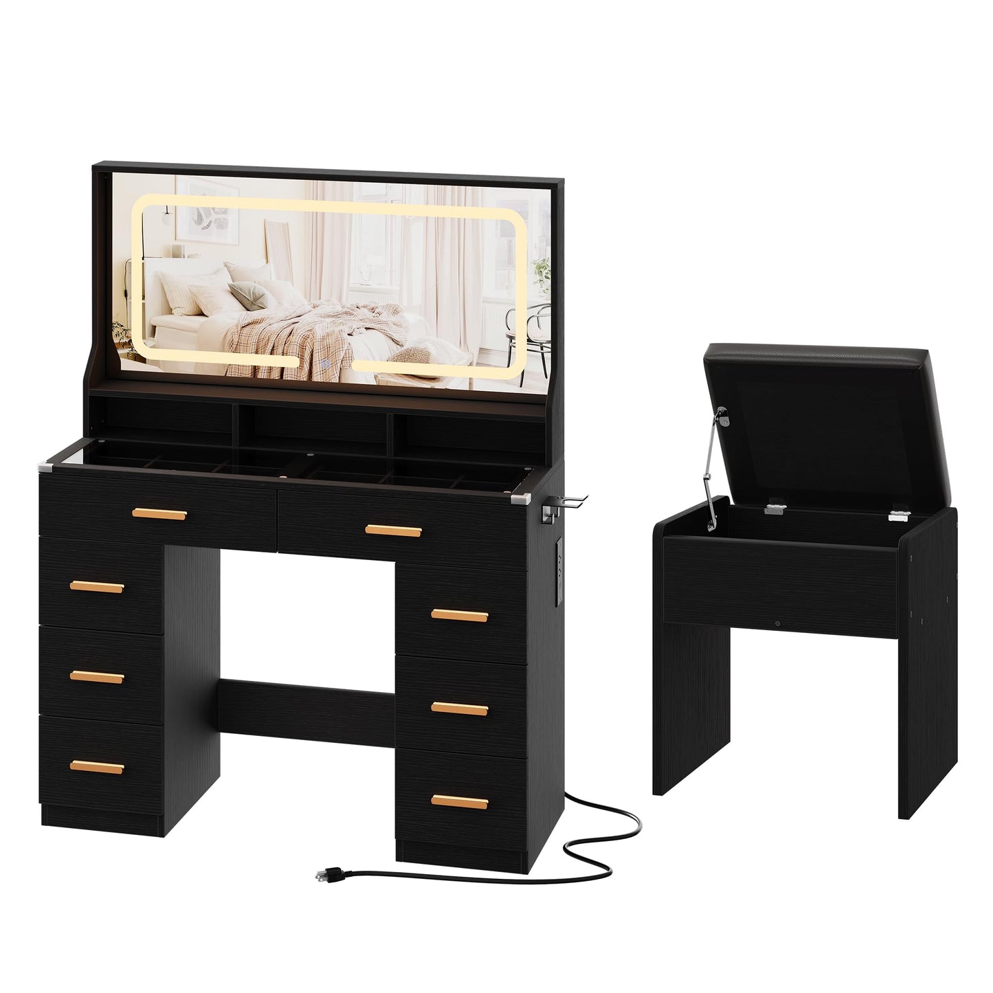 GarveeHome Makeup Vanity Desk with LED Mirror & Charging Station, 42" Dressing Table with Cushioned Stool, Glass Top & 8 Drawers & Hairdryer Rack, for Modern Bedroom Dressing Room, Black