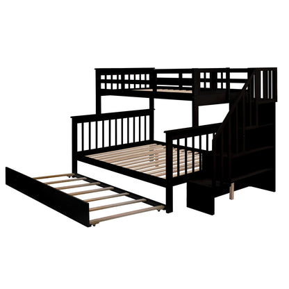 Ball & Cast Twin-Over-Full Bunk Bed with Twin Size Trundle and Storage Ladder,Wood Bunkbed w/Slat Support & Full-Length Guard Rail,Space Saving,Bedframe Furniture for Student Dorms,Studio,Espresso