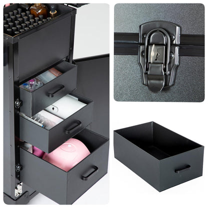 ZhenGuiRu Portable Manicure Table with 3 Drawers, Rolling Foldable Nail Desk with Detachable Mirror, Professional Makeup Train Case with Wheels and TSA Lock for Nail Techs & Salon Use