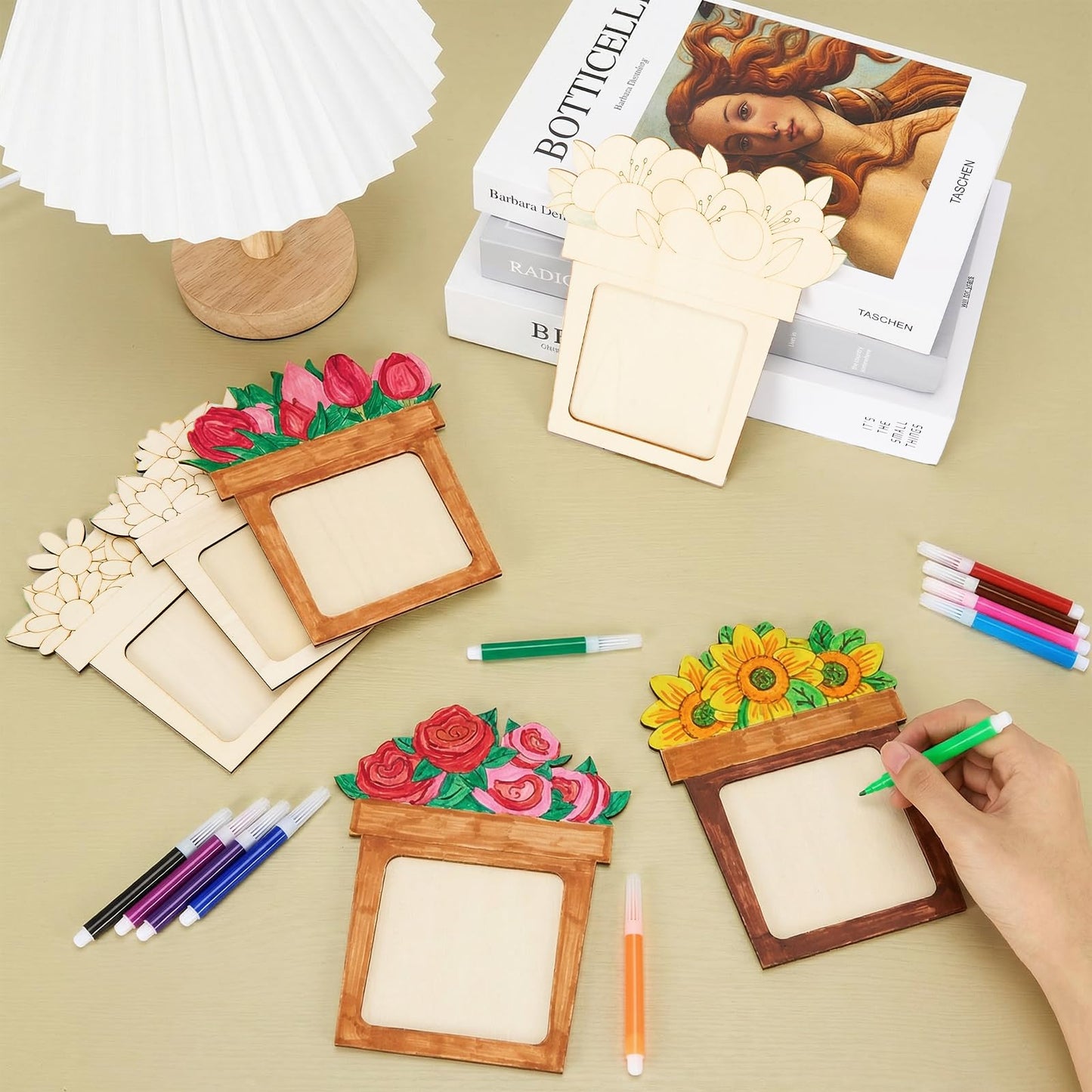 Bafeil 24 Pcs DIY Wooden Picture Frame Craft Kit, Mother's Day Flower Photo Frame Magnets to Paint, Unfinished Wood Frames with Color Pens, Gem Stickers & EVA Foam Shapes, Handmade Gift Set