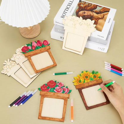 Bafeil 24 Pcs DIY Wooden Picture Frame Craft Kit, Mother's Day Flower Photo Frame Magnets to Paint, Unfinished Wood Frames with Color Pens, Gem Stickers & EVA Foam Shapes, Handmade Gift Set