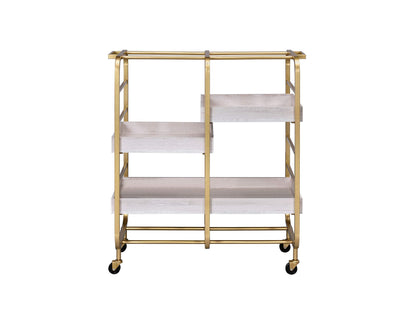 GOLGAILY 34" W x 17" D x 38" H Gold & White Washed Finish Serving Cart with 3 Open Compartments and Adjustable Trays