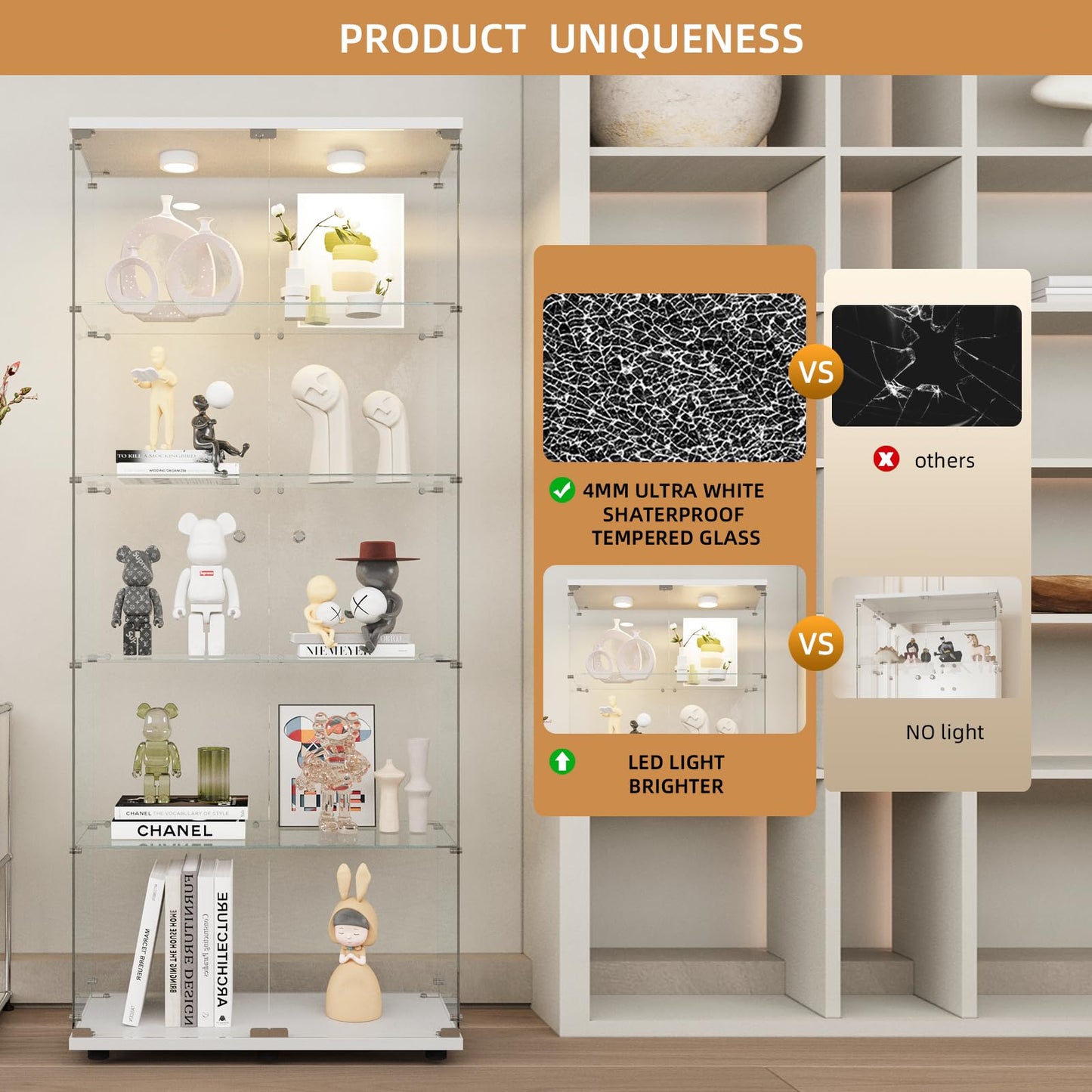 Beauty4U Glass Display Cabinet with Lights, 5 Shelves with 2 Doors, Curio Cabinets for Living Room, Bedroom, Office, White Floor Standing Glass Bookshelf, Quick Installation