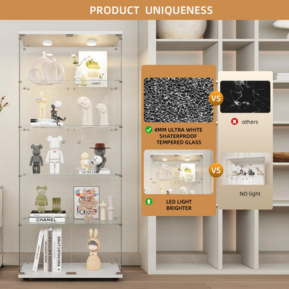 Beauty4U Glass Display Cabinet with Lights, 5 Shelves with 2 Doors, Curio Cabinets for Living Room, Bedroom, Office, White Floor Standing Glass Bookshelf, Quick Installation