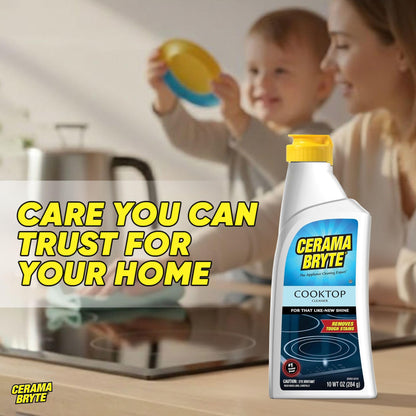 Cerama Bryte Glass Cooktop and Stove Top Cleaner Combo Kit - Includes Cleaning Tool, Razor, Scraper and 1 Pad to Remove Tough Stains - Use on Gas, Electric, Ceramic Surfaces, 10 Ounces, 4 Piece