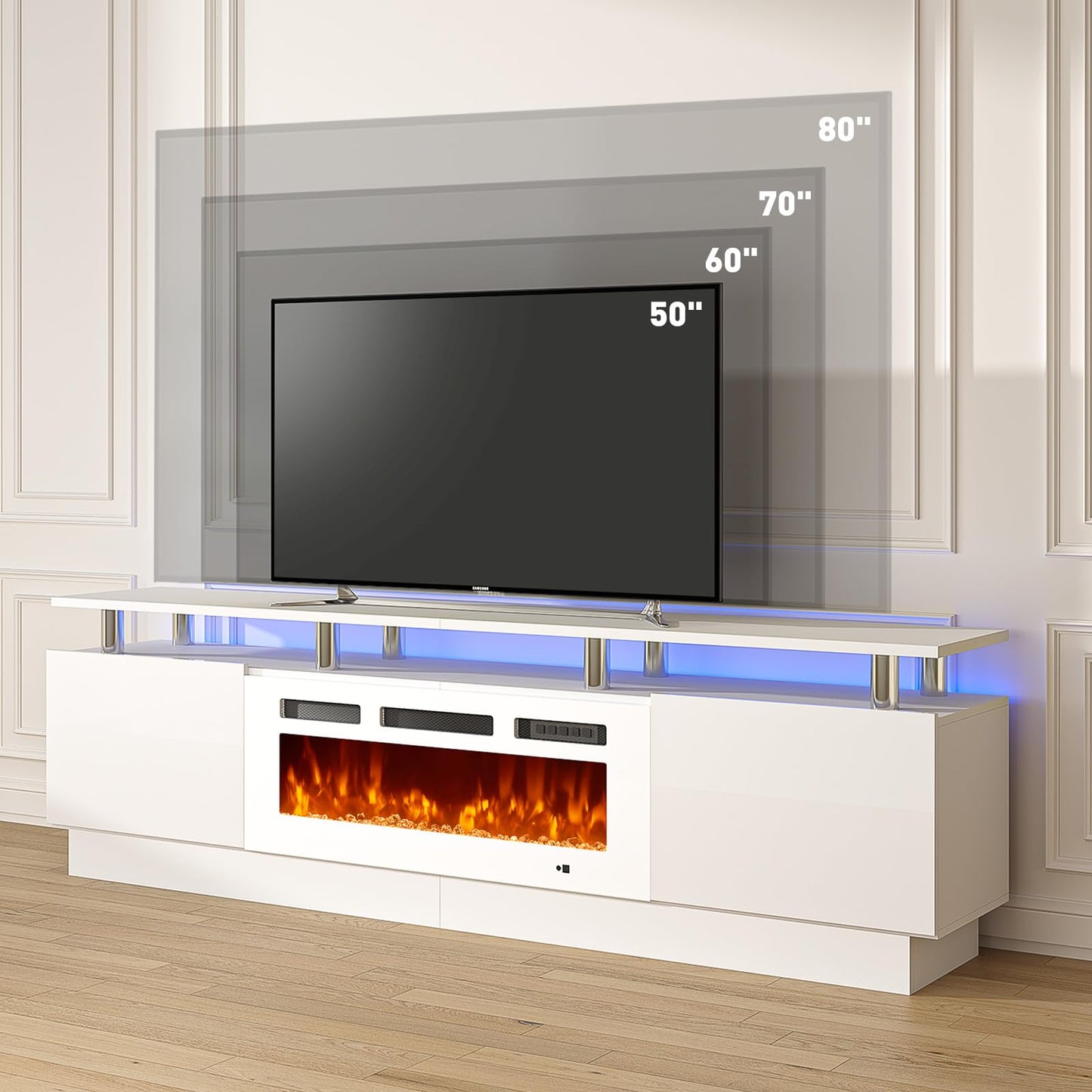 MXV 80" Fireplace TV Stand, Modern Entertainment Center & 36 Inch Electric Fireplace with Remote Control, LED Light, Fire Place Tv Stand for Living Room for TVs up to 90", White + White