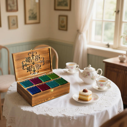 Coloch Wooden Tea Bag Storage Box with Carved Lid, 8-Compartment Tea Chest Organizer Spice Packets Container for Living Room, Kitchen, Office, Home Decor