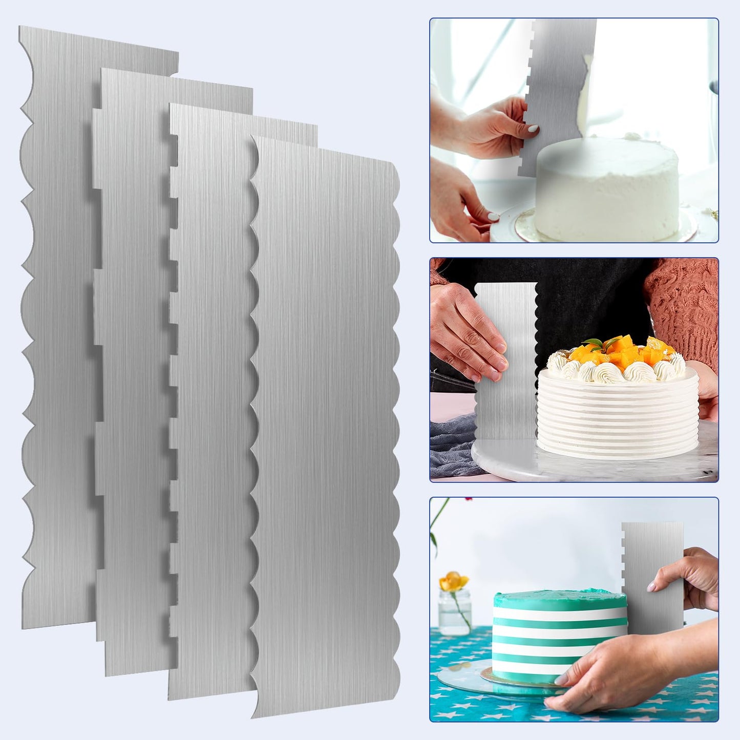 4 Pack Stainless Steel Cake Scraper,8.6 Inch Double Sided Patterned Stripe Metal Cake Smoother, Cake Decorating Comb Pastry Cutter Leveler for Mousse Butter Cream Cake Edge Baking Decoration