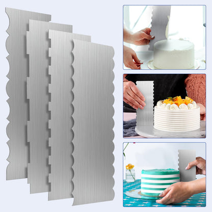 4 Pack Stainless Steel Cake Scraper,8.6 Inch Double Sided Patterned Stripe Metal Cake Smoother, Cake Decorating Comb Pastry Cutter Leveler for Mousse Butter Cream Cake Edge Baking Decoration