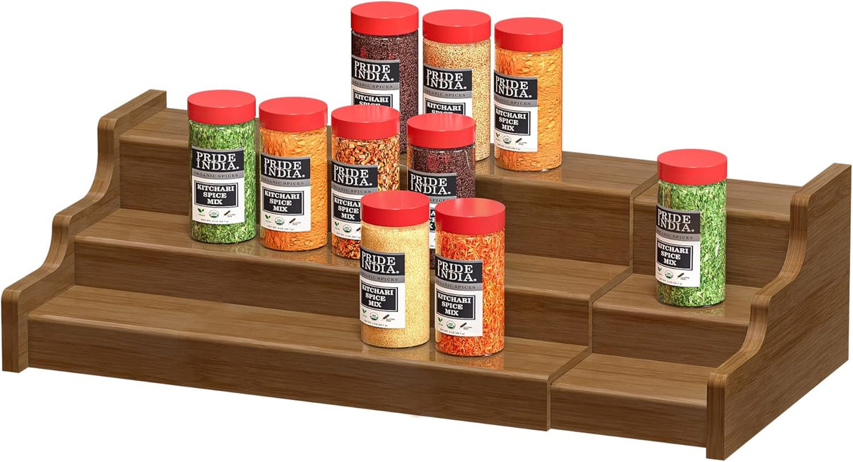 Bamboo Spice Rack Cabinet Organizer, 3 Tier Wooden Expandable Walnut Display Shelf