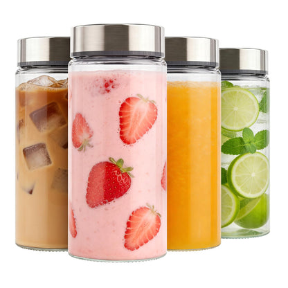 Cafezi 16 oz Wide Mouth Glass Juice Bottles with Stainless Steel Lids, Leakproof, Airtight, Reusable, Dishwasher Safe, Cup Holder Friendly, Brush Included, for Juicing, Smoothie, Infused Water, 4 Pack