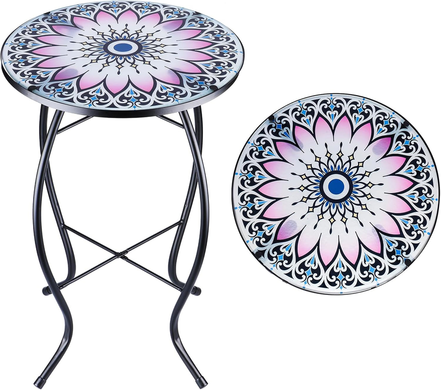 14 MUMTOP Side Patio Tables-Mosaic Outdoor Side Table - Flower Glass Accent Round EndTable, Plant Stand Indoor Small