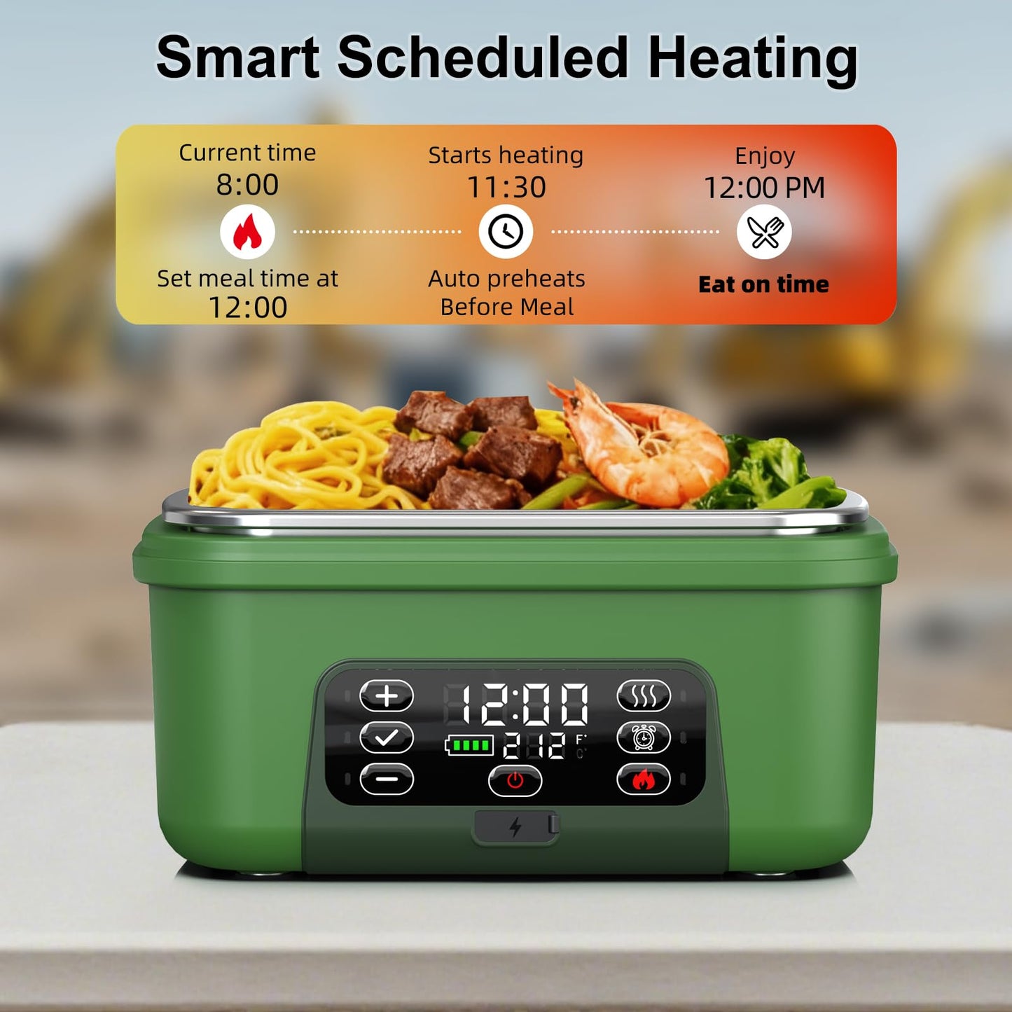 Omboos Cordless Electric Heated Lunch Box, XL 6.3Cups Rechargeable Food Warmer Lunch Box with Self Heating, Smart Timer, Adjustable Temperature, Leakproof, BPA Free, Removable Divider Green