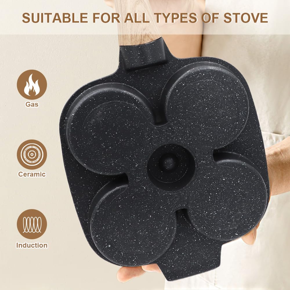 RANX INGST Fried Egg Pan with Detachable Handle, Nonstick Egg Frying Pan with Lid Induction 4 Cup Omelette Pan - Black