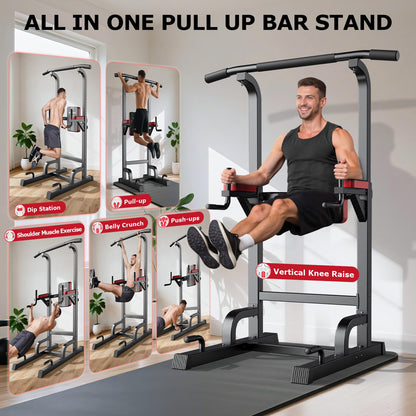 Power Tower Dip Station Pull Up Bar for Fitness Home Gym Workout,Multi-Function Adjustable Height Fitness Strength Training Exercise Equipment,with Power Elastic Ropes,Black Red-02