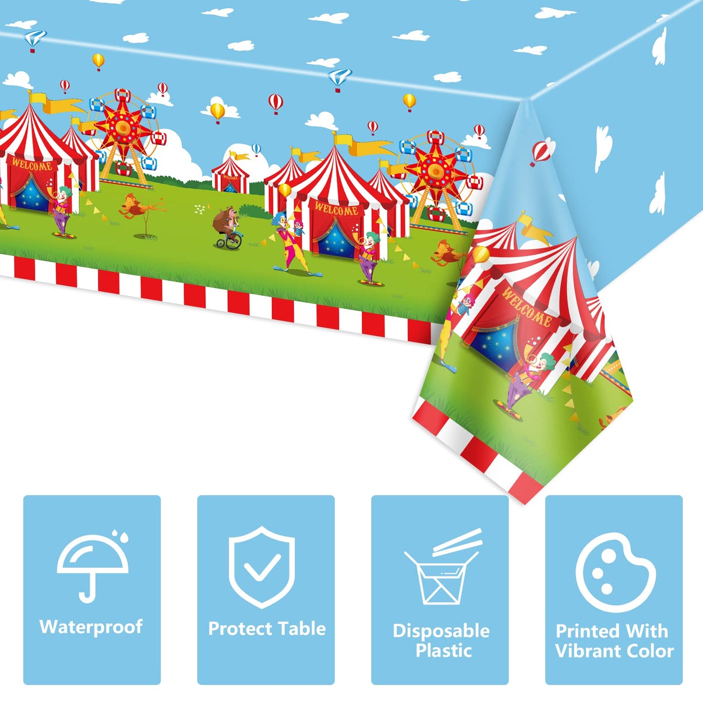 QUERICKY 2 Pack Circus Theme Tablecloths, 220x130cm Carnival Rectangle Table Cover, Red and White Striped Table Cloth for Kids Birthday Party, Circus Carnival Party Decorations Supplies