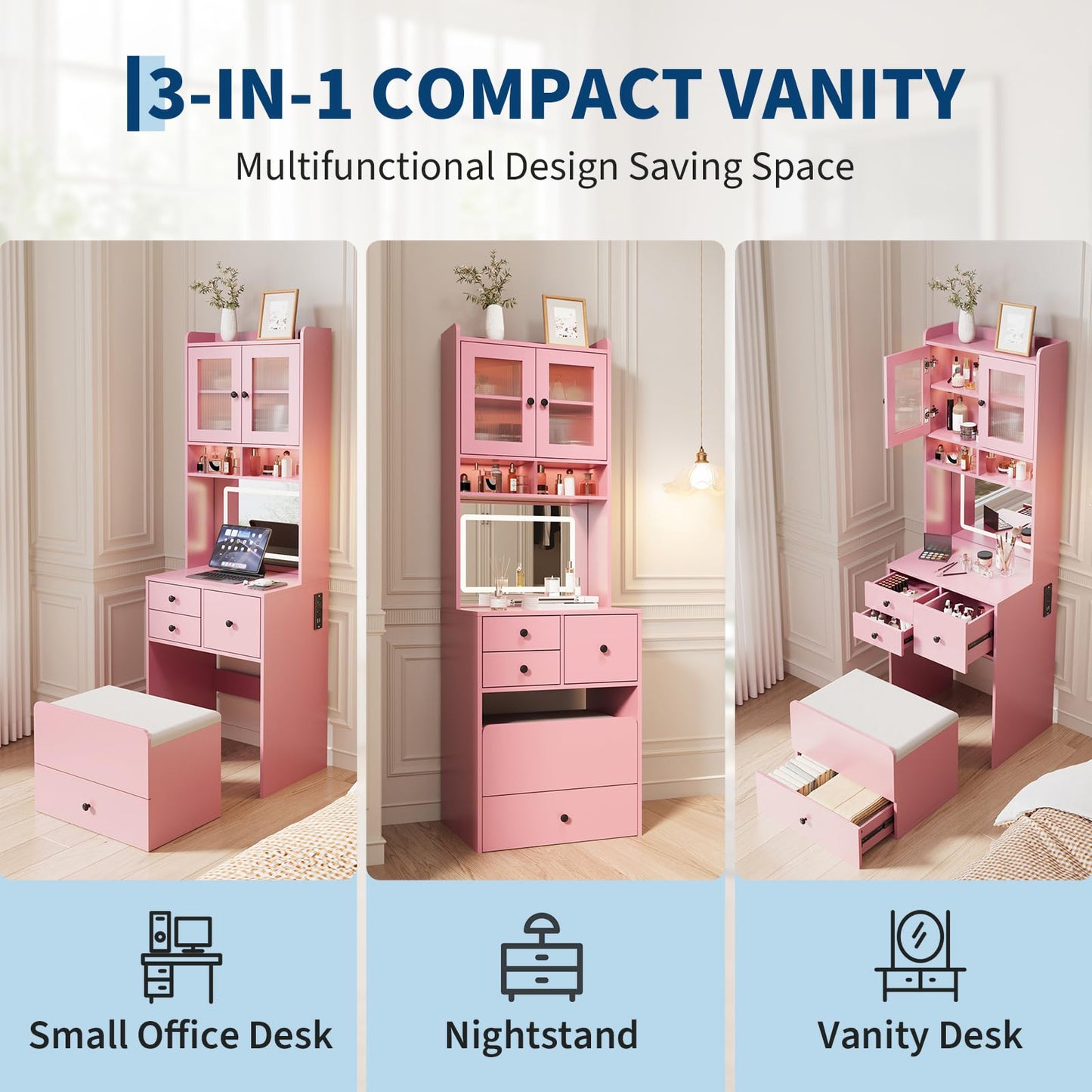 Garvee 3 in 1 Vanity Desk with LED Light, Tall Makeup Vanity Set with 2 AC Outlets & USB-c, Dressing Table with Drawers & Acrylic Doors, Nightstand Vanity Mirror, Jewelry Box, Cushioned Chair, Pink