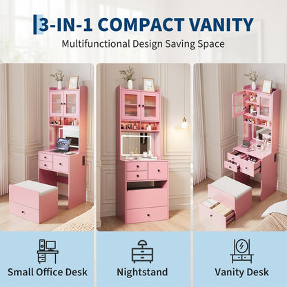 Hetoy 3-in-1 Vanity Desk with Sliding LED Mirror, AC Outlets & USB-C, 4 Drawers, Acrylic Doors, Storage Stool, Cushioned Chair - Complete Makeup Dressing Table Set for Bedroom - Pink