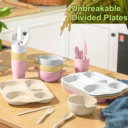 24 Pcs Wheat Straw Dinnerware Cutlery Set for Adult Including Divided Plates Microwave Dishwasher Safe Bowl Unbreakable Tableware Straw Cutlery Spoon Knife Fork(Light Color)