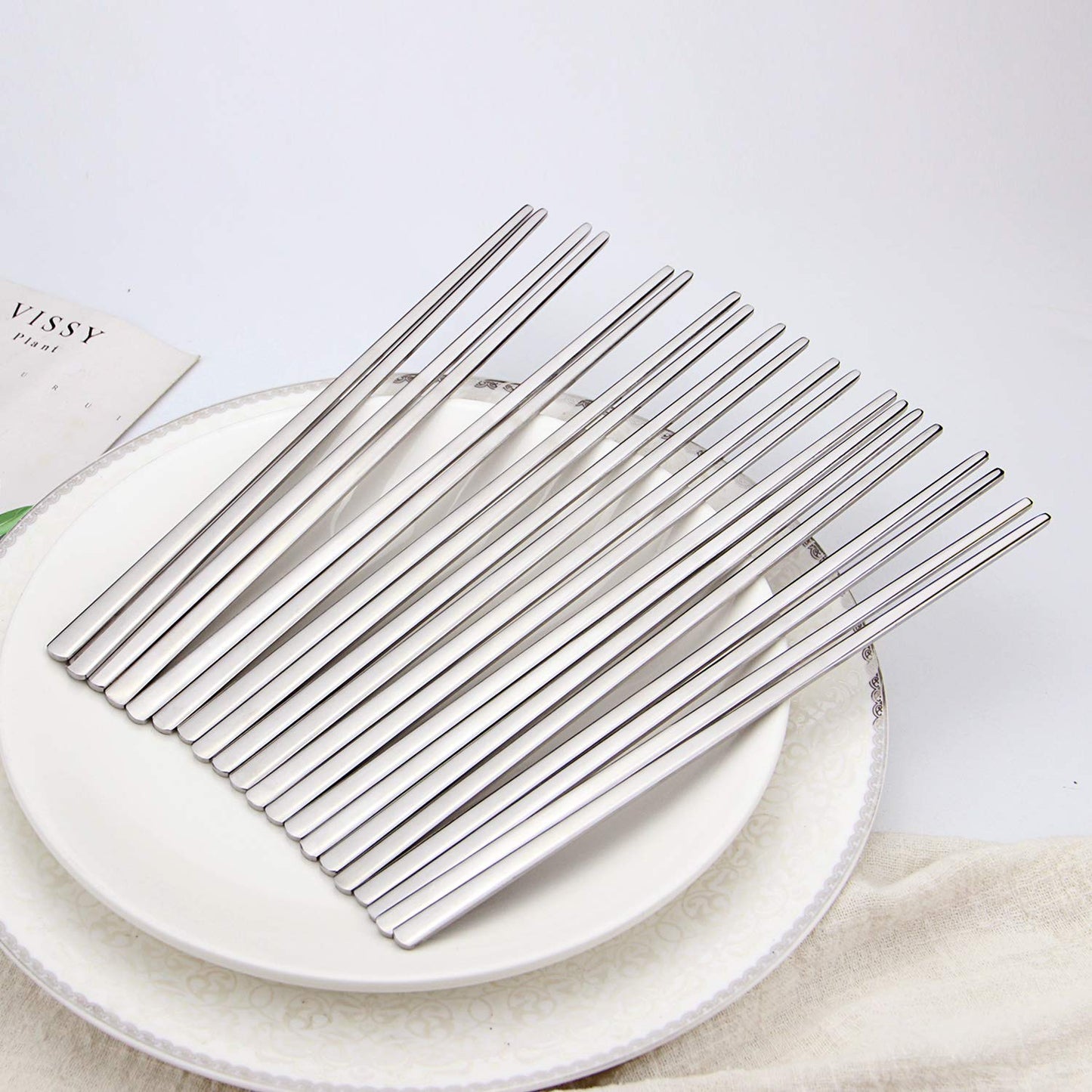 Metal Chopsticks,10 Pairs Stainless Steel Flat Chopsticks, IQCWOOD Premium Reusable Metal Chopstick, 8.66 Inch Dishwasher Lightweight Korean Chopsticks Set Reusable Classic Style for Dinner