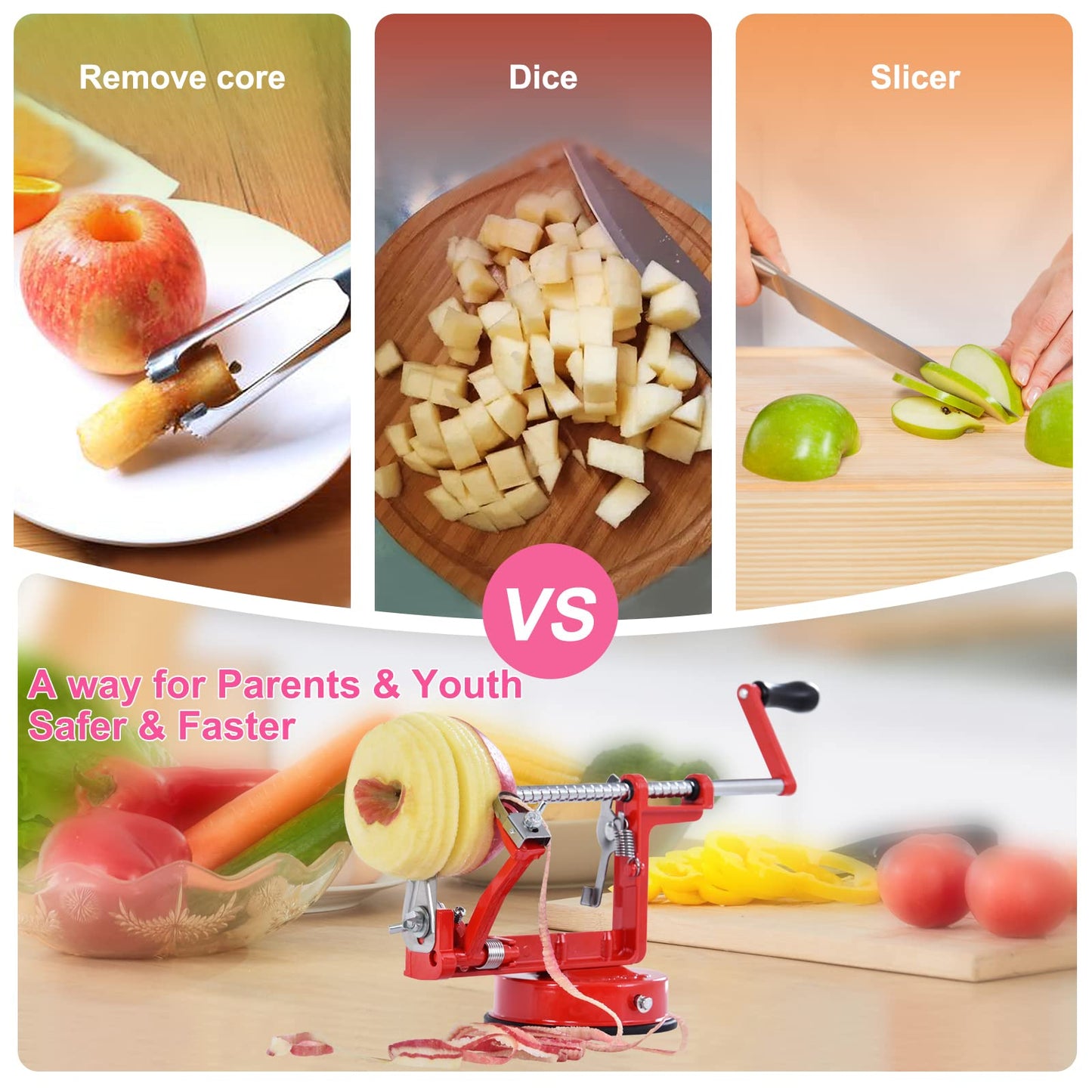 Apple Peeler, Slicer Corer Potato Peelers 3 In 1, Stainless Steel Heavy Duty with Suction Cup Base And 3 Extra Blades (Red)