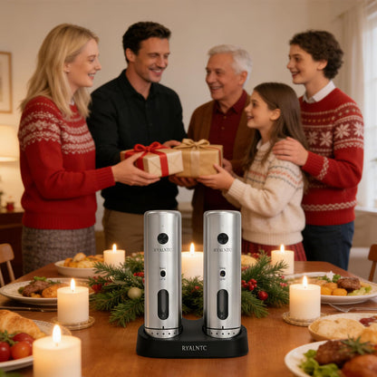 RYALNTC Electric Salt and Pepper Grinder Set with Rechargeable Base Upgraded Stainless Steel Automatic Salt and Pepper Shakers,Upgraded 2-Speed Setting,External 6 Adjustable Coarseness with LED Light