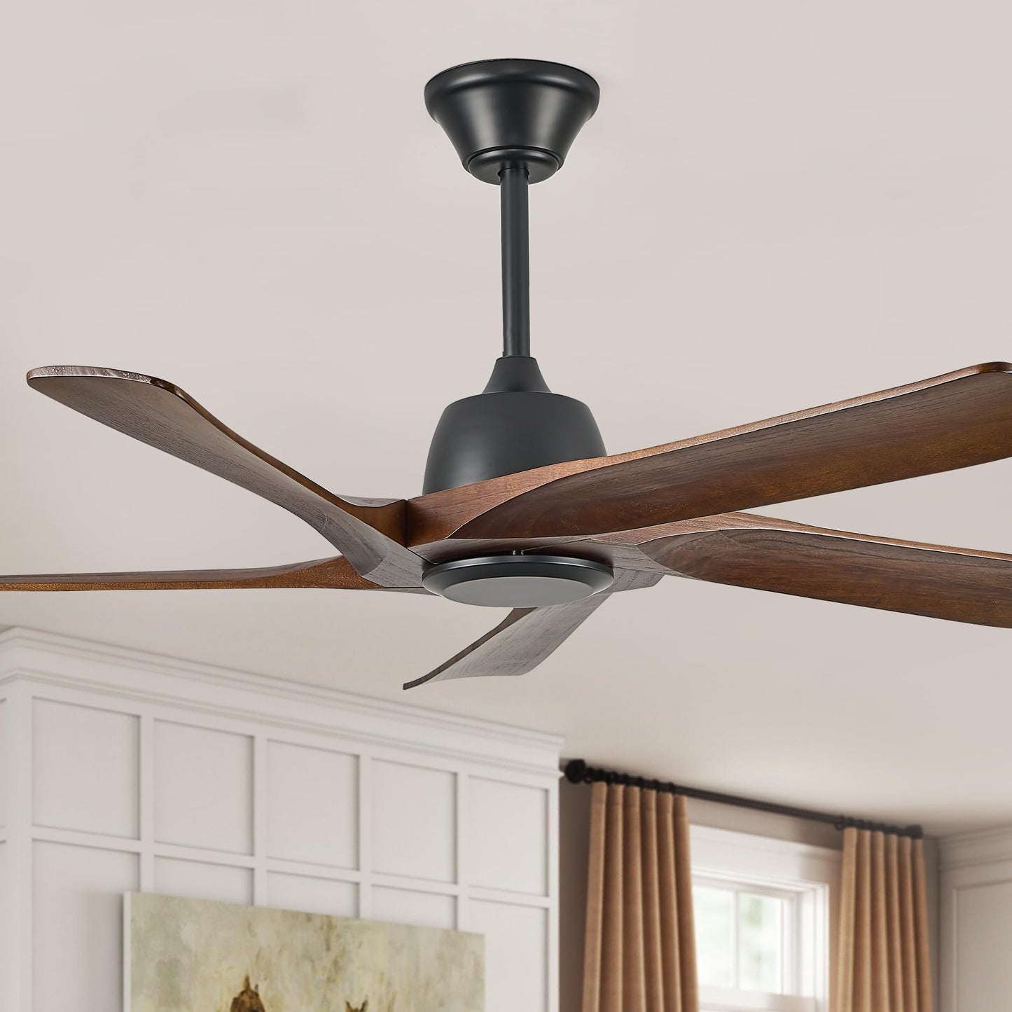 LVYEAYOU 52 Inch Solid Wood Ceiling Fan No Lights, Remote and APP Control, DC Motor, 6-speed Reversible, for Bedroom, Living Room, Office, Dark Walnut