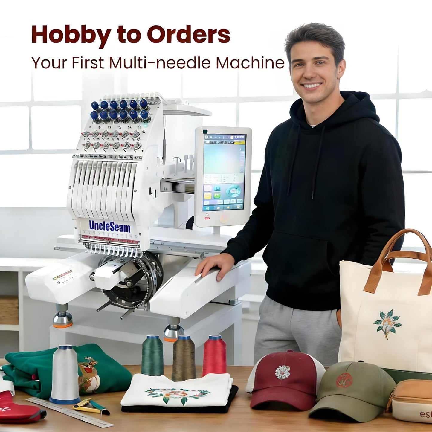 UncleSeam 15-Needle Commercial Embroidery Machine, 12"x 8" Embroidery Area, Easy to Use for Flat Embroidery, Hats, T-Shirts, Auto Color Change & Trim, Supports WiFi/USB Transfer (15-Needle with Stand)