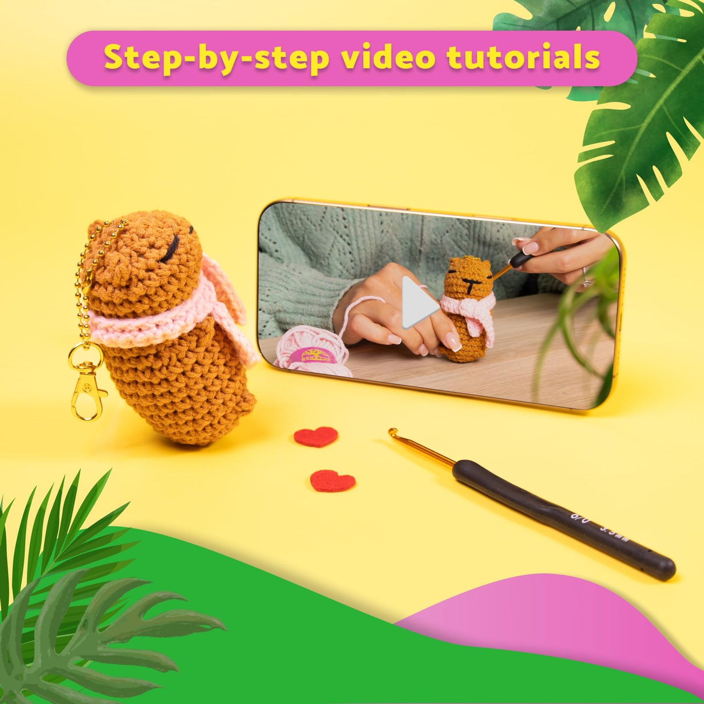Berstuk Peachy & Plum – Snuggly Capybara Crochet Kit for Beginners – Easy Amigurumi Animal Kit with Yarn, Hook, Keychains & Step-by-Step Tutorials – Adorable DIY Gift for Teens & Adults