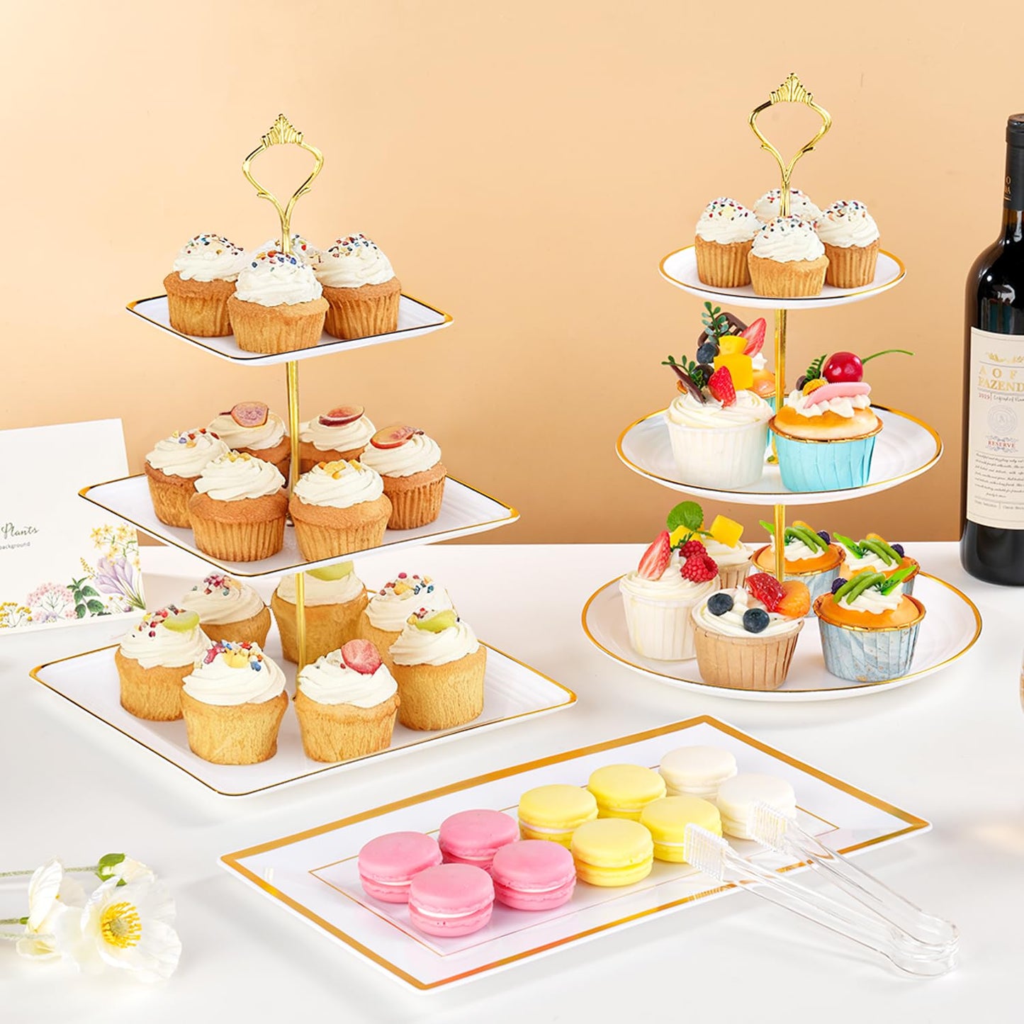 Lzerking 13pcs Dessert Table Display Set, 6 3-Tiered Cupcake Stands (3round & 3square) with 4 Trays & 3 Tongs, White Gold Plastic for Wedding, Tea Party, Baby Shower Decor, Birthday Party Decoration