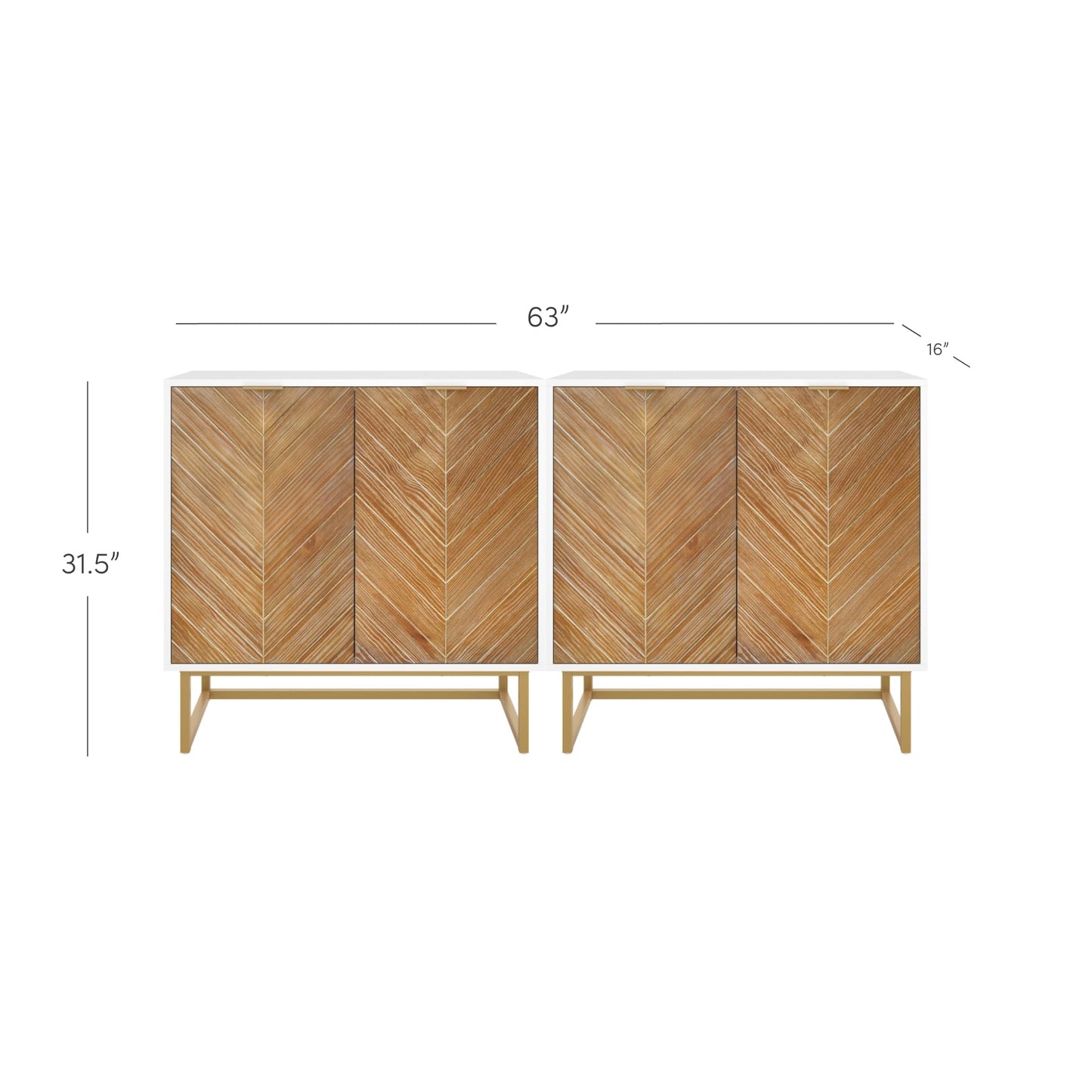 Nathan James Enloe Modern Storage Free Standing Accent Cabinet TV Stand with Doors in a Rustic Pine Wood Finish and Gold Metal Base for Hallway, Entryway or Living Room, Brown/White/Gold, Set of 2