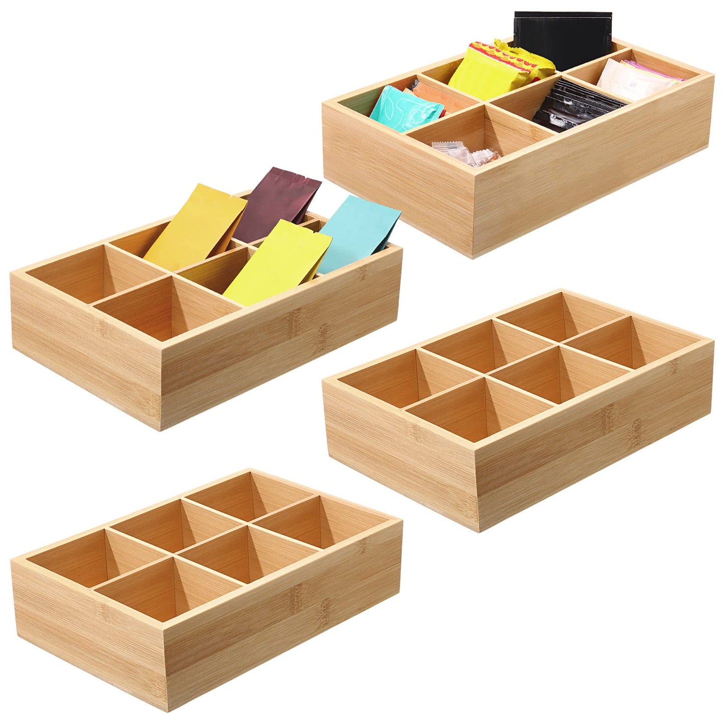 Maitys 4 Pcs Bamboo Divided Storage Organizer Bamboo Container with 6 Compartments Food Storage Bin Wooden Tea Drawer Box Bin Holder Case for Snacks Tea Bags Coffee Sugar