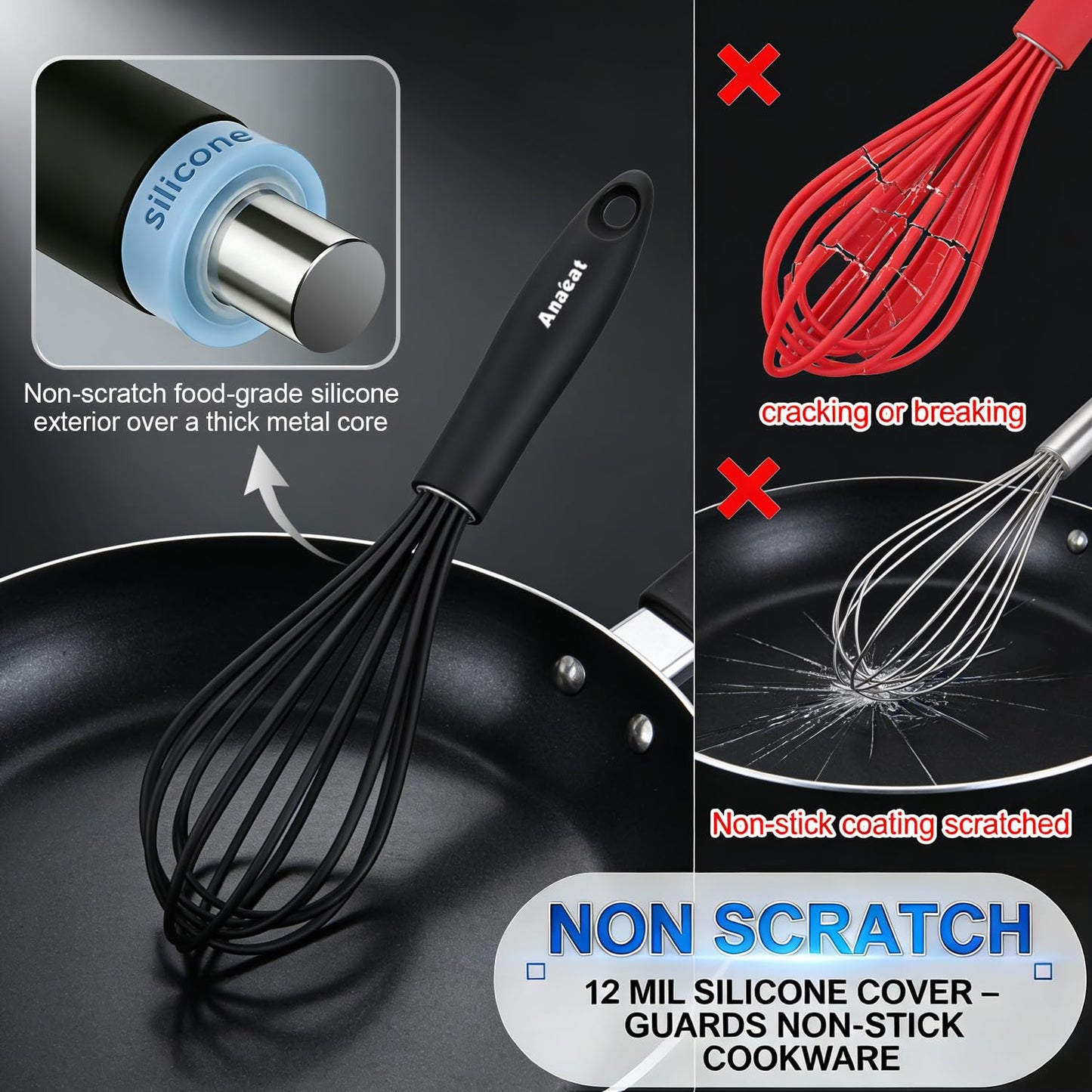 Anaeat Silicone Balloon Whisk, Perfect for Non-Stick Cookware, Milk and Egg Beater Blender, Heat Resistant Kitchen Whisks for Whisking, Cooking, Baking, Beating, Frothing & Stirring (Black)