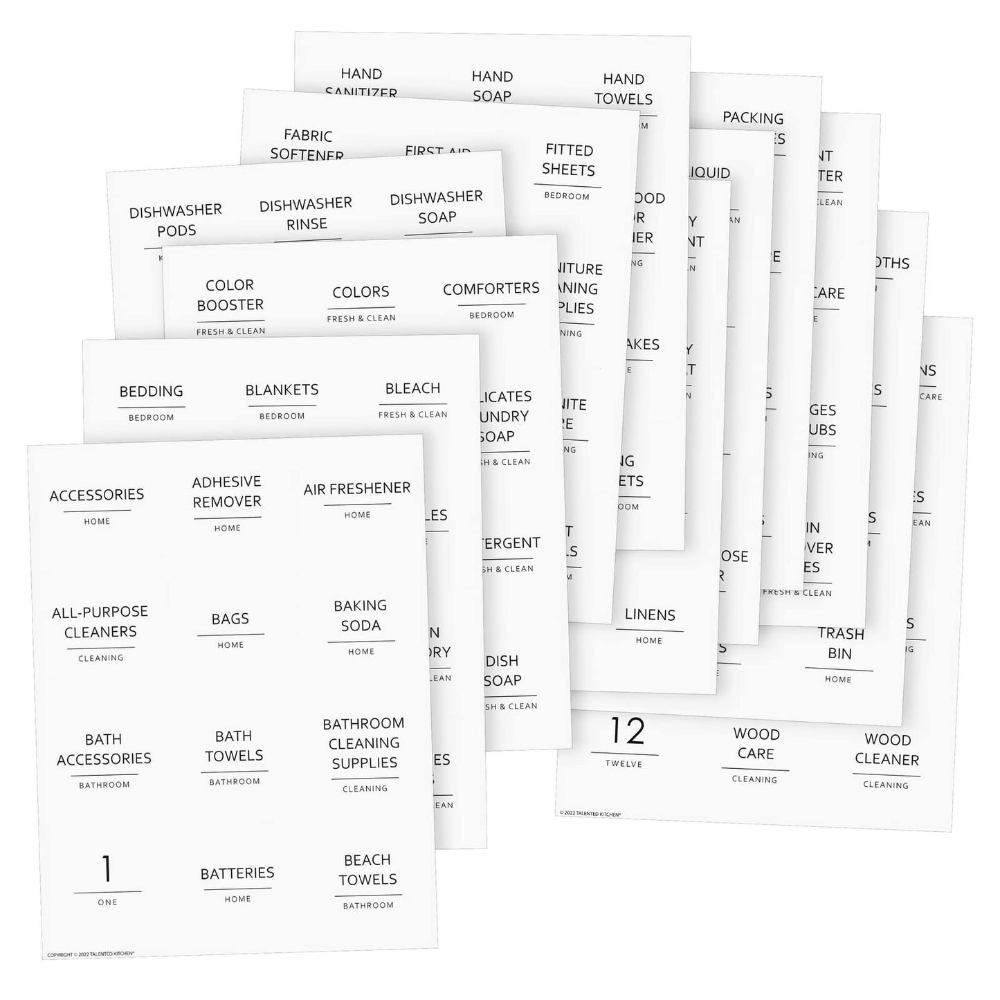 Talented Kitchen 144 Minimalist Laundry Room Labels - 2.5" x 2.5", Black on White Matte Vinyl - Organize Glass Jars & Spray Bottles, Water-Resistant Labels for Laundry Room Organization