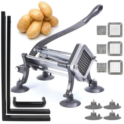 French Fry Cutter Commercial Grade Potato Slicer with Stand Suction Feet Complete Set, Includes 1/4", 3/8", 1/2", 2 Pieces L Stand