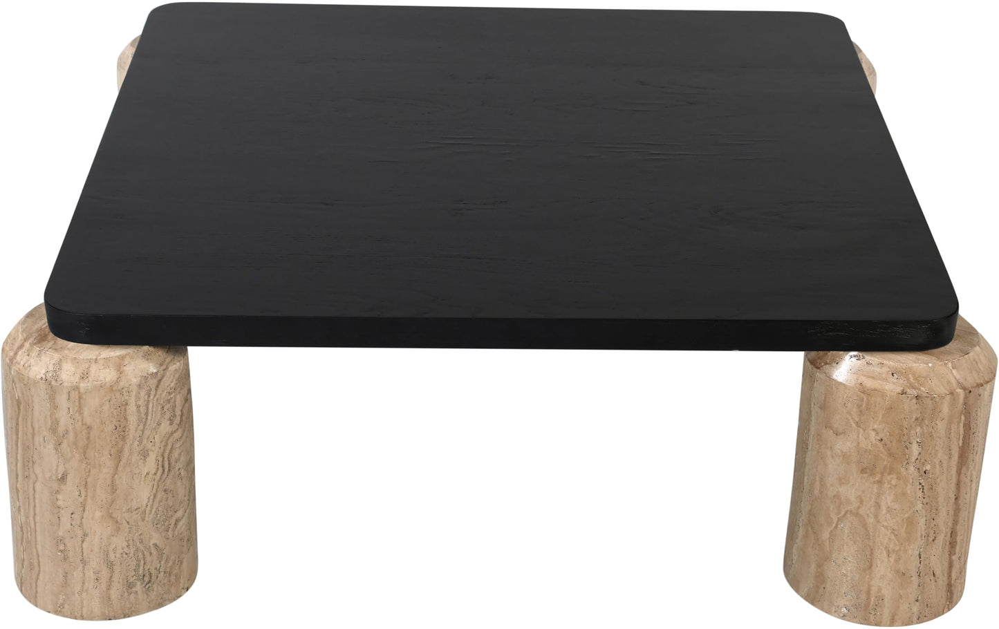 Meridian Furniture 99009Travertine-CT Ferrara Collection Art Deco Coffee Table with Genuine Travertine Legs, Black Finished Solid Oak Wood Top, 42" W x 42" D x 14" H, Natural