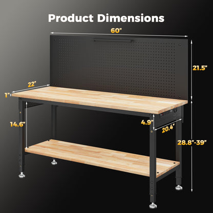 CAMMOO 60" Work Bench Adjustable Height with Storage Shelf, Max Load 2000 LBS Heavy Duty Rubberwood Tabletop with Pegboard, LED Light, Built-in Power Strip for Woodworking Shop, Garage, Home